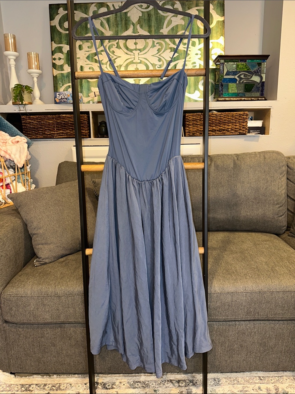 Dusty Blue Spaghetti-Strap Midi Dress with Fitted Bodice